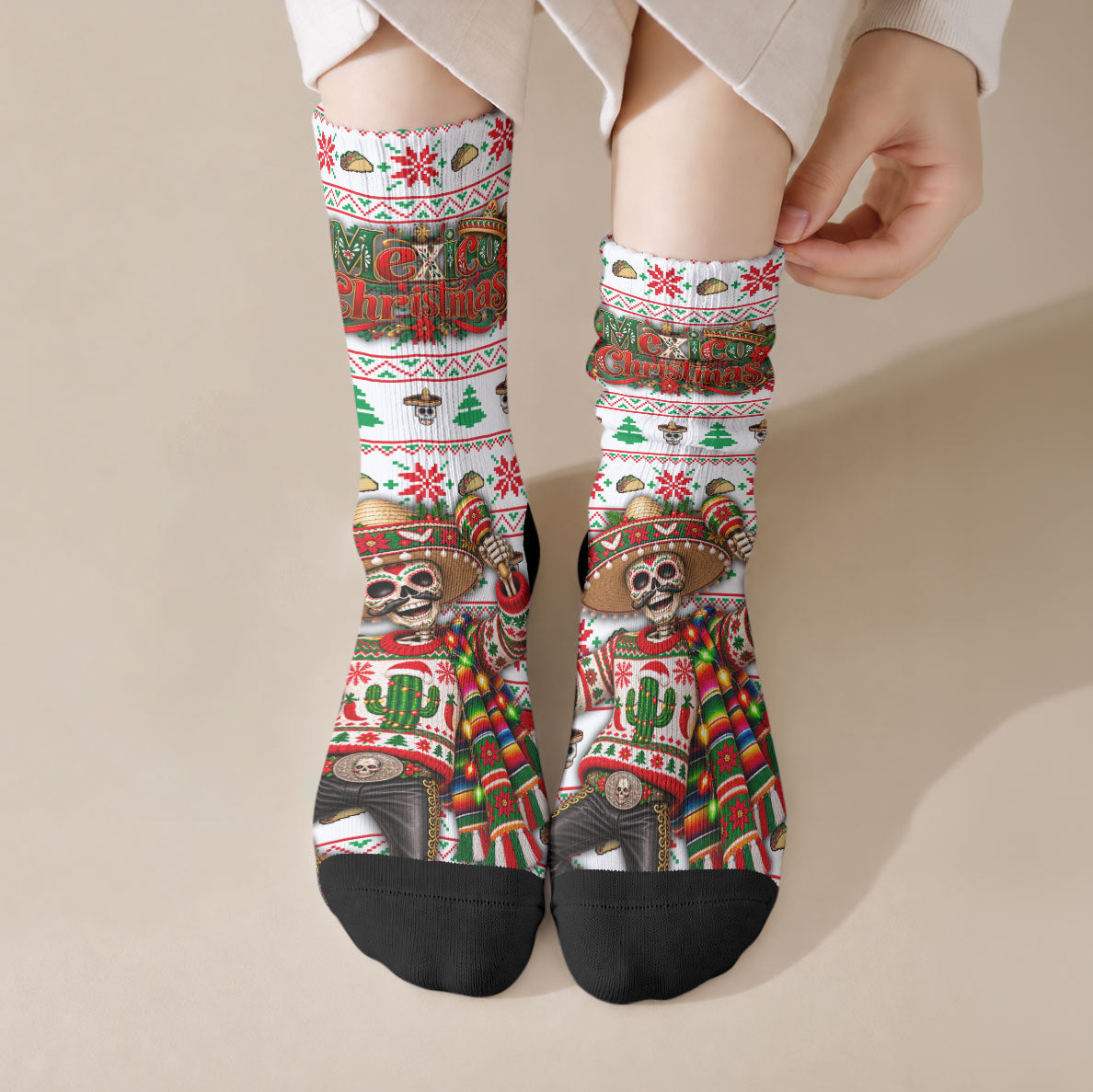 Mexico Christmas Crew Socks Ugly Fair Isle Fiesta Skeleton Sombrero
