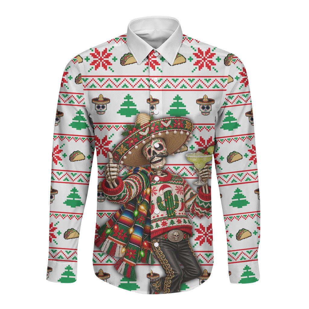 Mexico Christmas Long Sleeve Button Shirt Ugly Fair Isle Fiesta Skeleton Sombrero