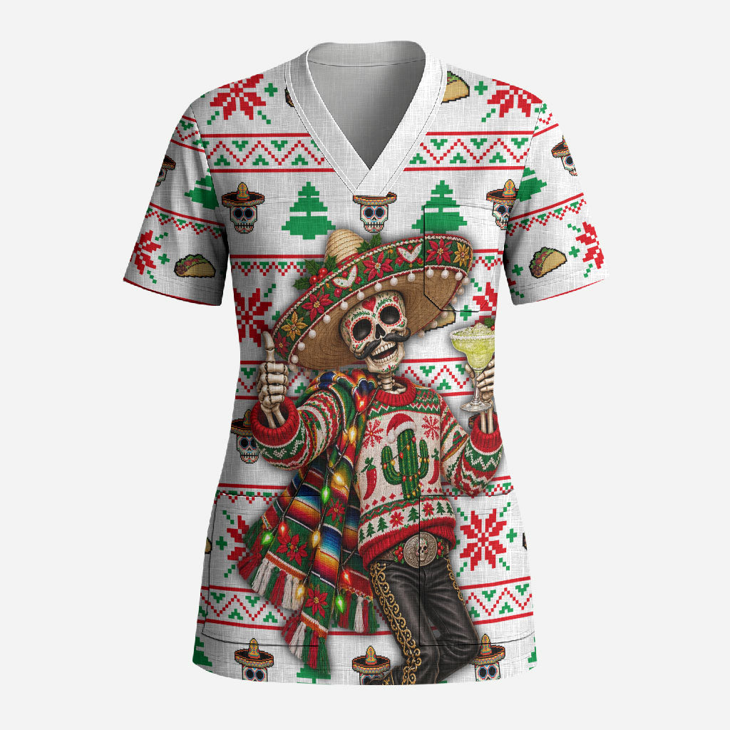 Mexico Christmas Scrub Top Ugly Fair Isle Fiesta Skeleton Sombrero