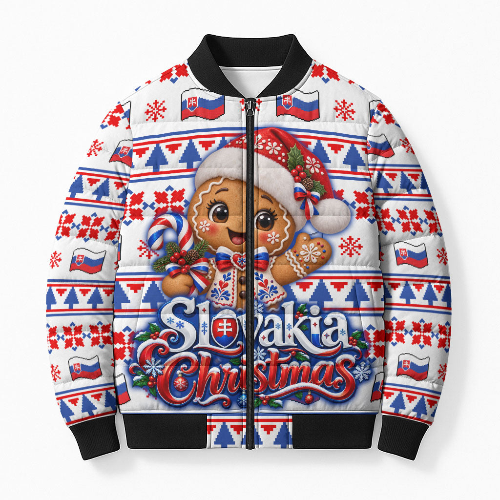 Slovakia Christmas Bomber Puffer Jacket Ugly Fair Isle Gingerbread Man Candy Cane