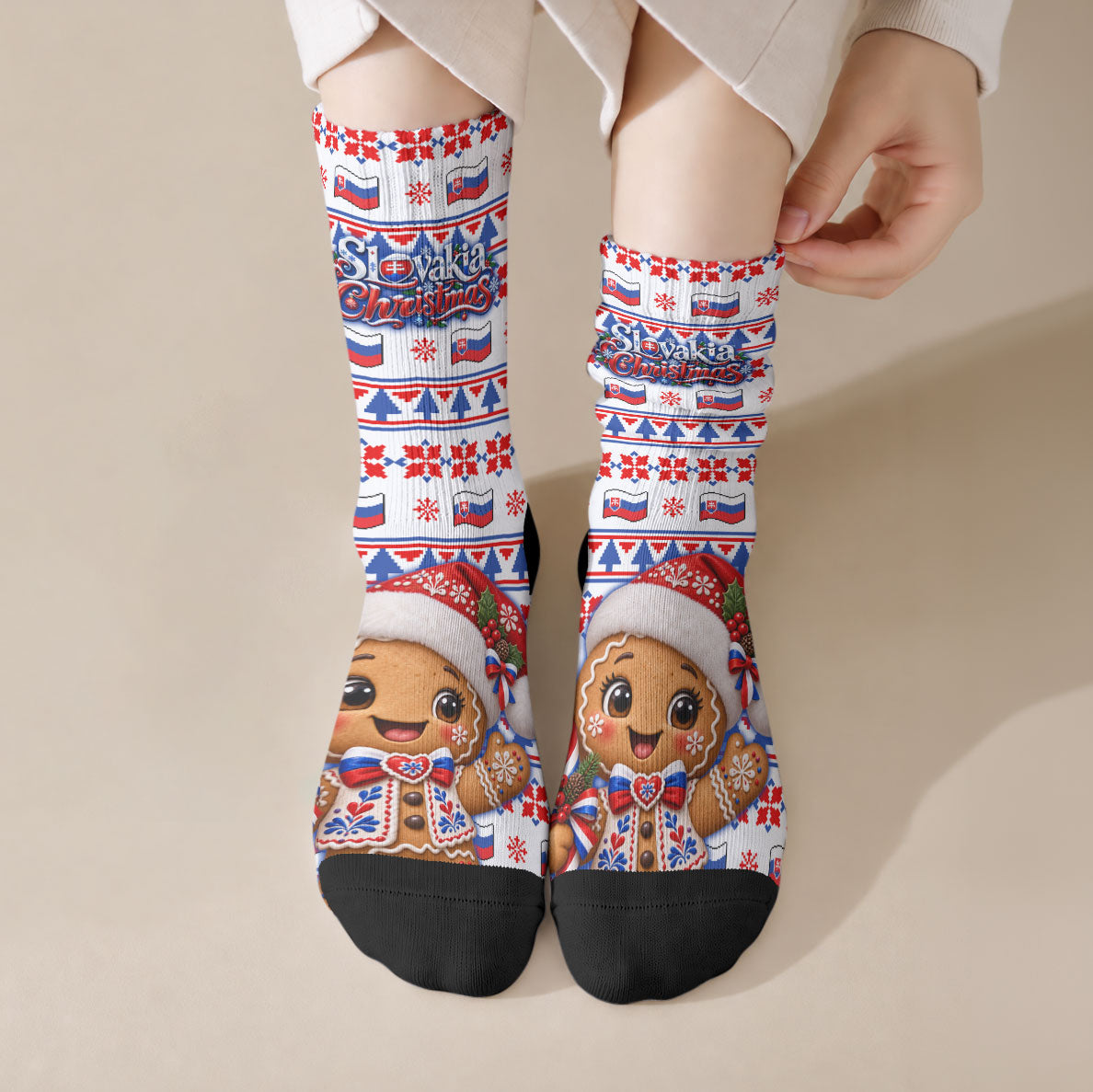 Slovakia Christmas Crew Socks Ugly Fair Isle Gingerbread Man Candy Cane