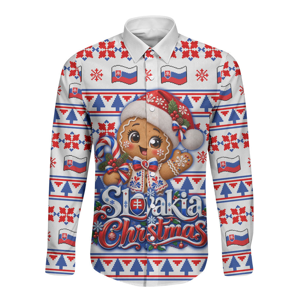 Slovakia Christmas Long Sleeve Button Shirt Ugly Fair Isle Gingerbread Man Candy Cane