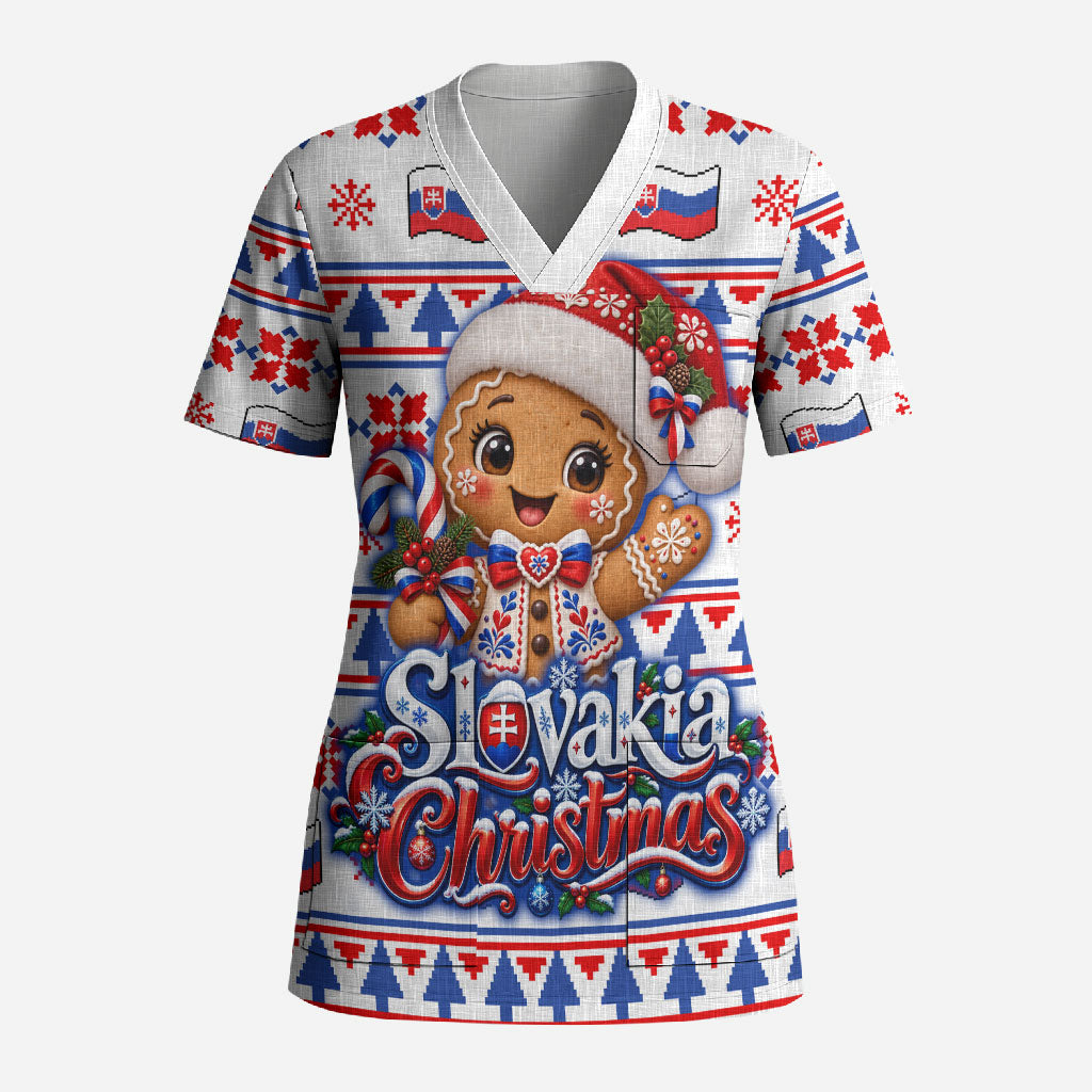 Slovakia Christmas Scrub Top Ugly Fair Isle Gingerbread Man Candy Cane
