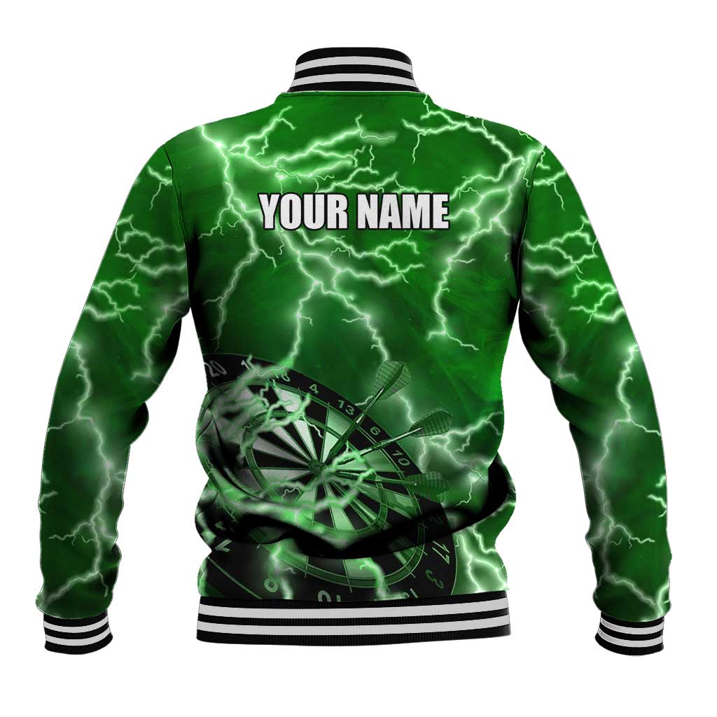 Personalized Darts Lightning Green Storm Baseball Jacket with Electric Energy Pattern and Dartboard Graphics - Wonder Print Shop