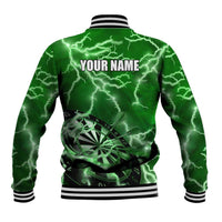 Personalized Darts Lightning Green Storm Baseball Jacket with Electric Energy Pattern and Dartboard Graphics - Wonder Print Shop