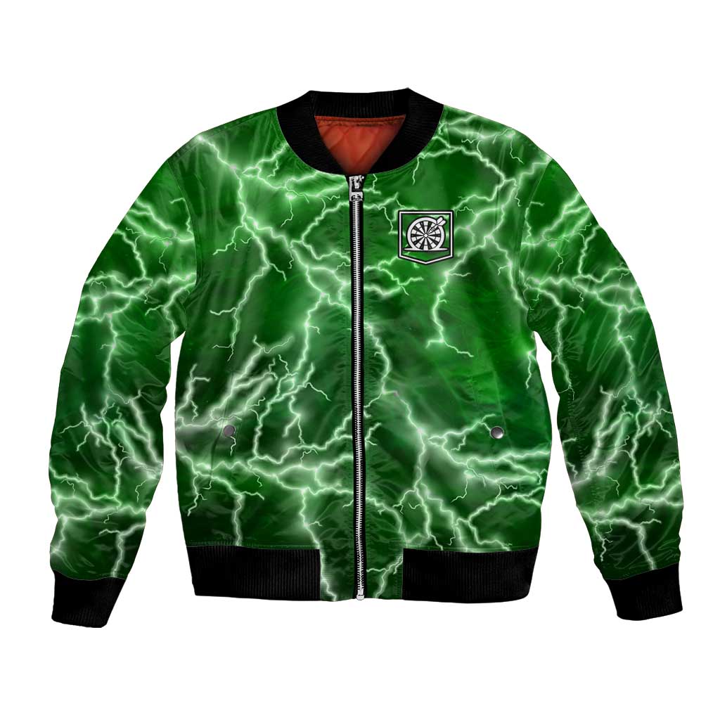Personalized Darts Lightning Green Storm Bomber Jacket with Electric Energy Pattern and Dartboard Graphics - Wonder Print Shop