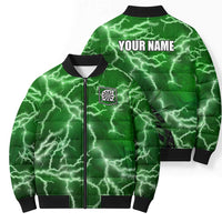 Personalized Darts Lightning Green Storm Bomber Puffer Jacket with Electric Energy Pattern and Dartboard Graphics - Wonder Print Shop