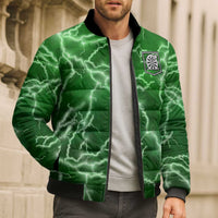 Personalized Darts Lightning Green Storm Bomber Puffer Jacket with Electric Energy Pattern and Dartboard Graphics - Wonder Print Shop