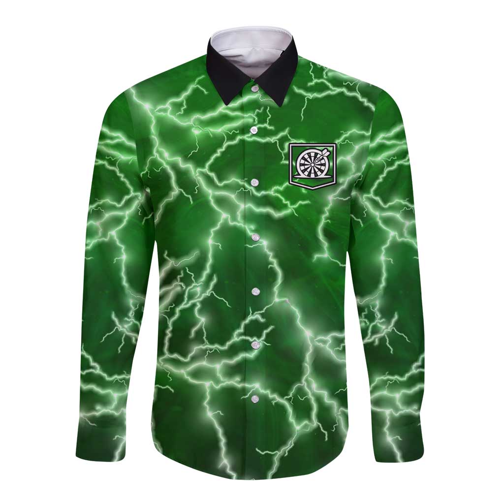 Personalized Darts Lightning Green Storm Long Sleeve Button Shirt with Electric Energy Pattern and Dartboard Graphics - Wonder Print Shop