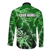 Personalized Darts Lightning Green Storm Long Sleeve Button Shirt with Electric Energy Pattern and Dartboard Graphics - Wonder Print Shop