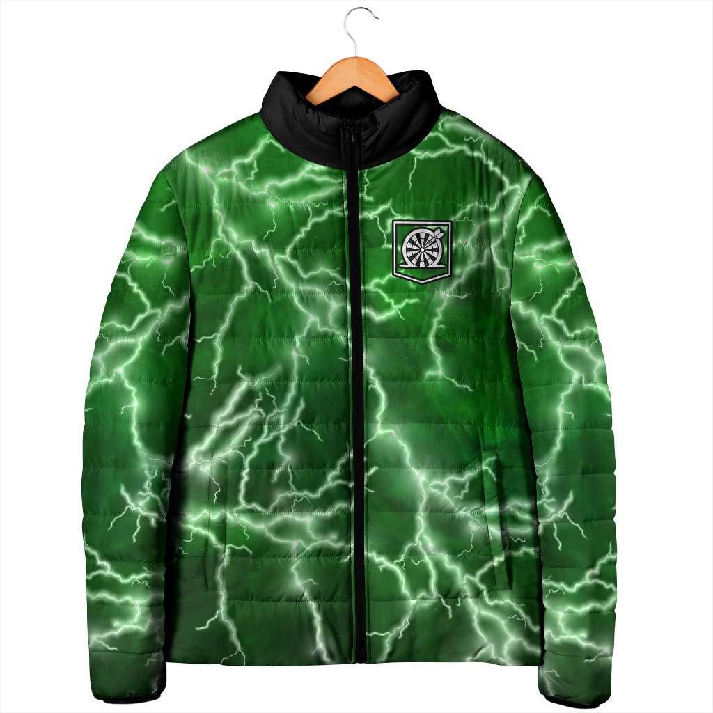 Personalized Darts Lightning Green Storm Padded Jacket with Electric Energy Pattern and Dartboard Graphics - Wonder Print Shop