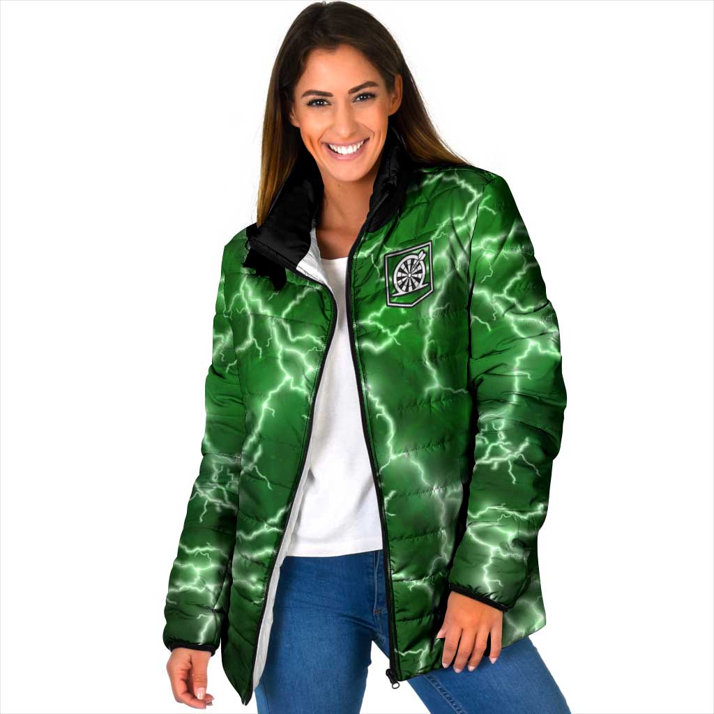 Personalized Darts Lightning Green Storm Padded Jacket with Electric Energy Pattern and Dartboard Graphics - Wonder Print Shop