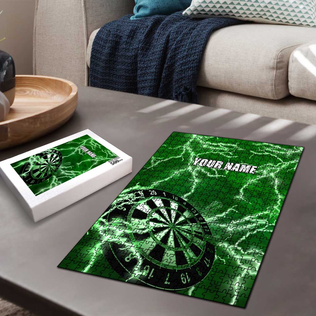 Personalized Darts Lightning Green Storm Puzzle with Electric Energy Pattern and Dartboard Graphics - Wonder Print Shop