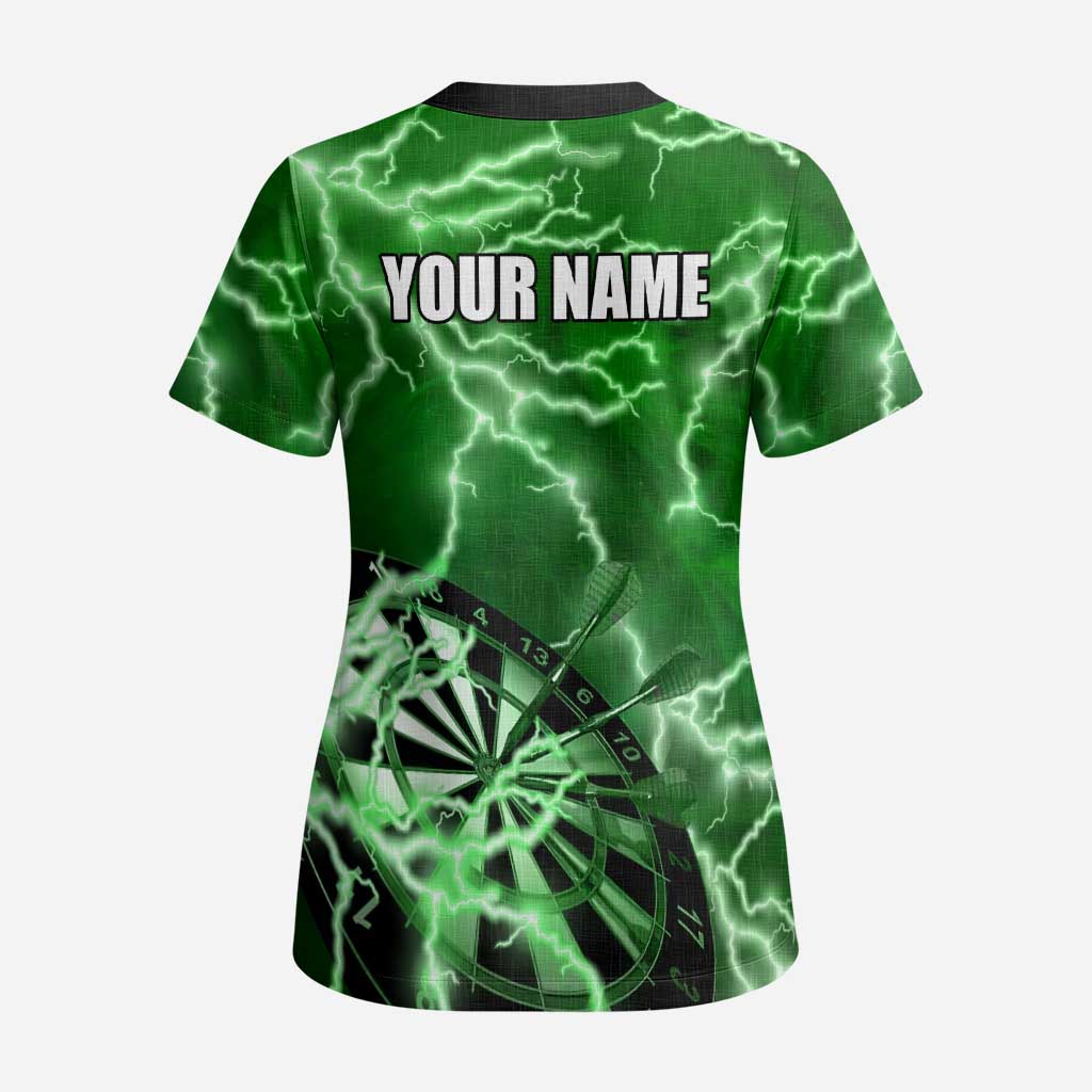 Personalized Darts Lightning Green Storm Scrub Top with Electric Energy Pattern and Dartboard Graphics - Wonder Print Shop