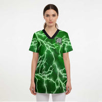 Personalized Darts Lightning Green Storm Scrub Top with Electric Energy Pattern and Dartboard Graphics - Wonder Print Shop