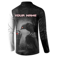 Personalized Raven Billiards Button Sweatshirt with Dark Cemetery Scene and Red Eye Crow Artwork - Wonder Print Shop