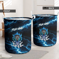 Personalized Bowling Skull Laundry Basket with Blue Flame Energy and Electric Lightning Strike Pattern - Wonder Print Shop