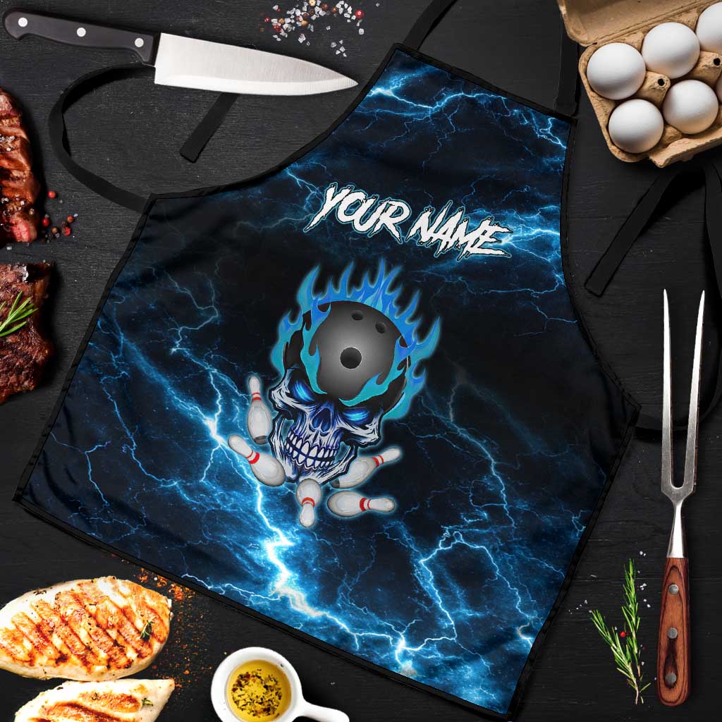 Personalized Bowling Skull Apron with Blue Flame Energy and Electric Lightning Strike Pattern - Wonder Print Shop