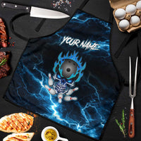 Personalized Bowling Skull Apron with Blue Flame Energy and Electric Lightning Strike Pattern - Wonder Print Shop