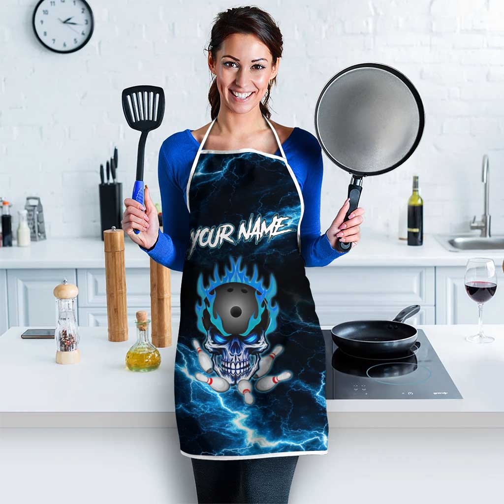Personalized Bowling Skull Apron with Blue Flame Energy and Electric Lightning Strike Pattern - Wonder Print Shop