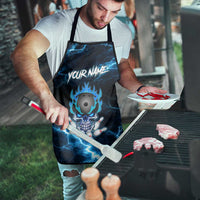 Personalized Bowling Skull Apron with Blue Flame Energy and Electric Lightning Strike Pattern - Wonder Print Shop