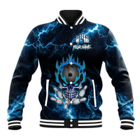 Personalized Bowling Skull Baseball Jacket with Blue Flame Energy and Electric Lightning Strike Pattern - Wonder Print Shop
