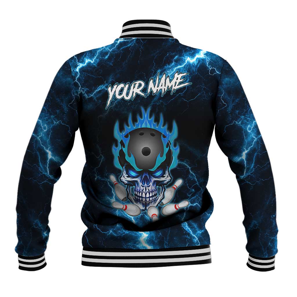Personalized Bowling Skull Baseball Jacket with Blue Flame Energy and Electric Lightning Strike Pattern - Wonder Print Shop