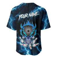 Personalized Bowling Skull Baseball Jersey with Blue Flame Energy and Electric Lightning Strike Pattern - Wonder Print Shop