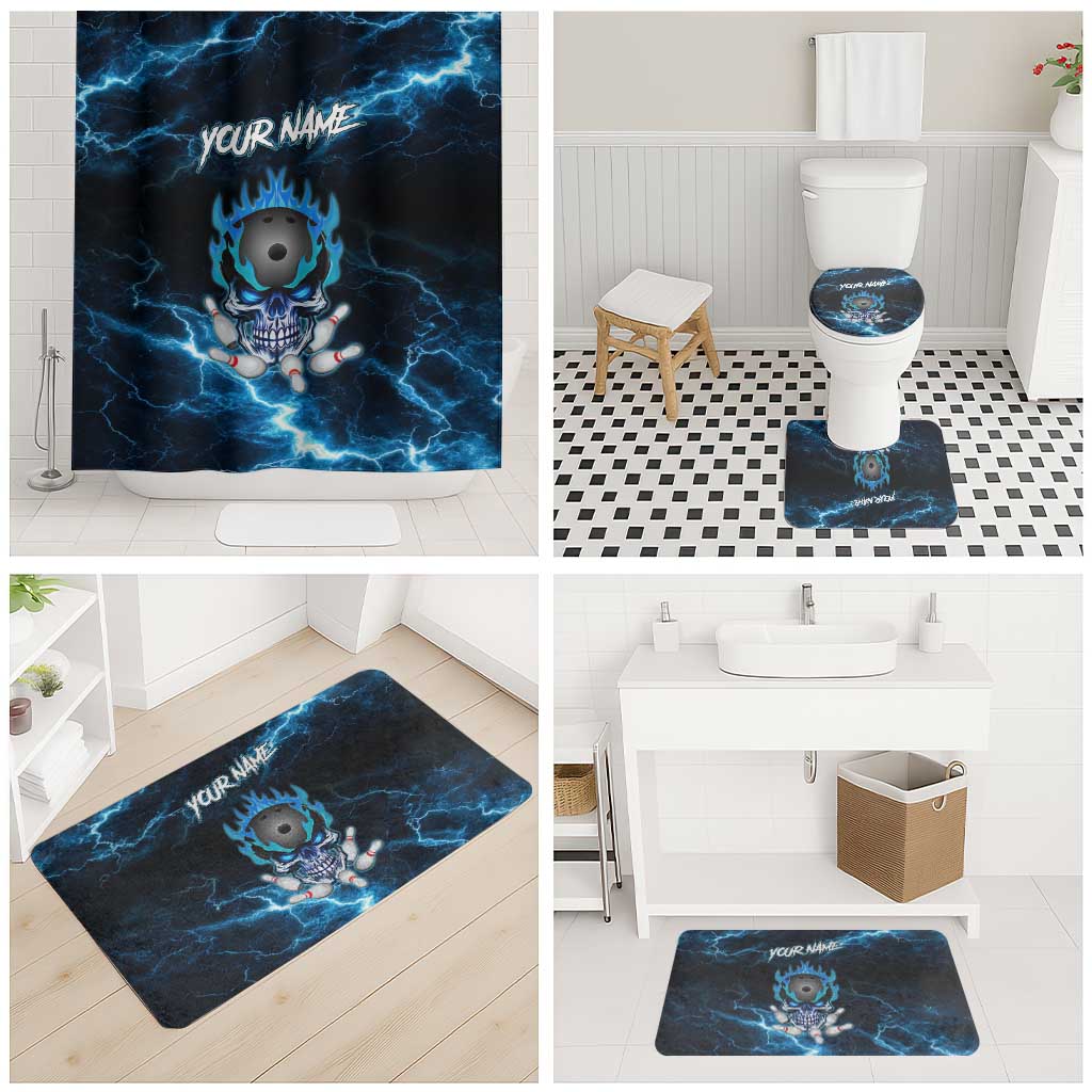 Personalized Bowling Skull Bathroom Set with Blue Flame Energy and Electric Lightning Strike Pattern - Wonder Print Shop