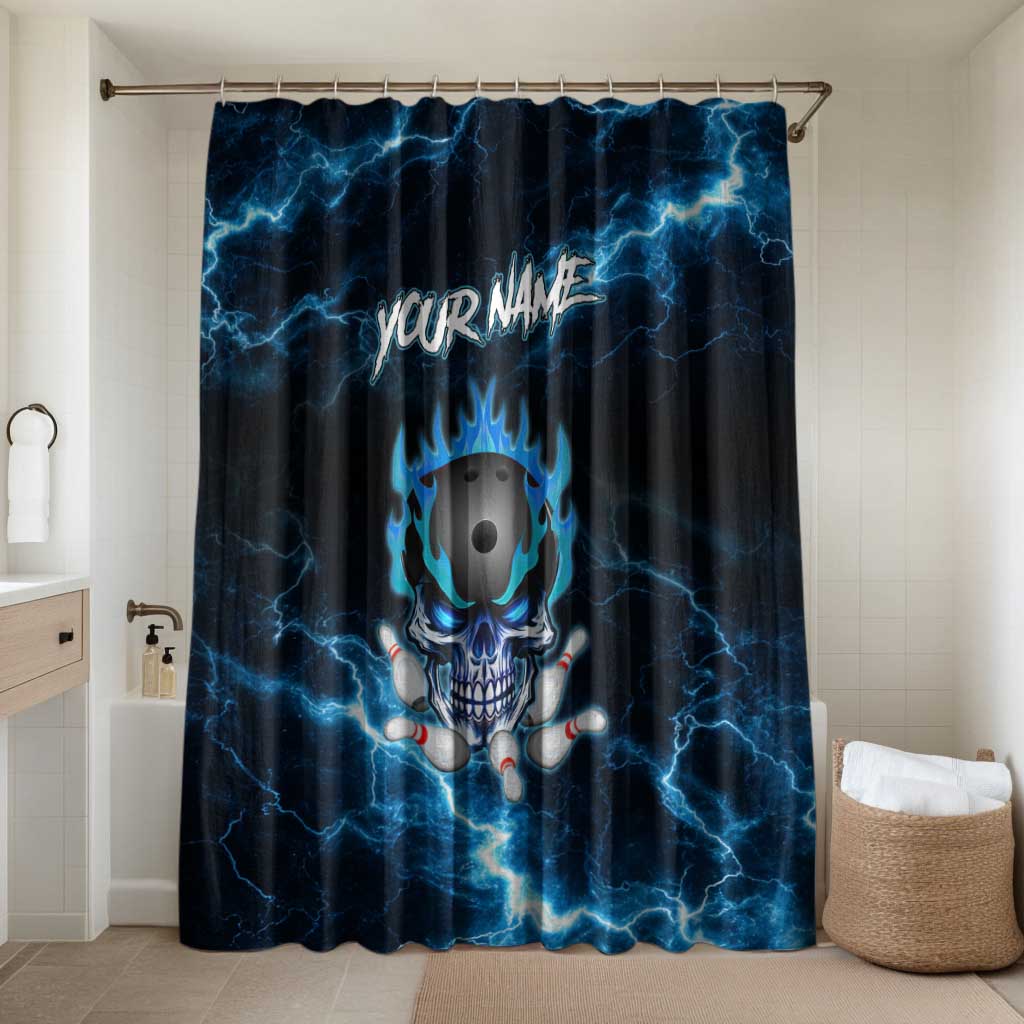 Personalized Bowling Skull Bathroom Set with Blue Flame Energy and Electric Lightning Strike Pattern - Wonder Print Shop