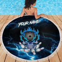 Personalized Bowling Skull Beach Blanket with Blue Flame Energy and Electric Lightning Strike Pattern - Wonder Print Shop