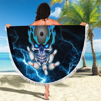 Personalized Bowling Skull Beach Blanket with Blue Flame Energy and Electric Lightning Strike Pattern - Wonder Print Shop