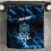 Personalized Bowling Skull Bedding Set with Blue Flame Energy and Electric Lightning Strike Pattern - Wonder Print Shop
