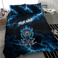 Personalized Bowling Skull Bedding Set with Blue Flame Energy and Electric Lightning Strike Pattern - Wonder Print Shop