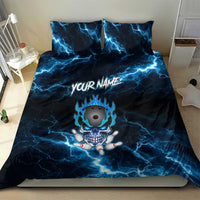 Personalized Bowling Skull Bedding Set with Blue Flame Energy and Electric Lightning Strike Pattern - Wonder Print Shop