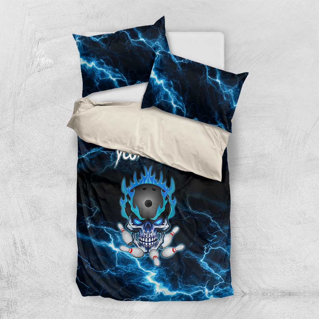 Personalized Bowling Skull Bedding Set with Blue Flame Energy and Electric Lightning Strike Pattern - Wonder Print Shop
