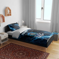 Personalized Bowling Skull Bedding Set with Blue Flame Energy and Electric Lightning Strike Pattern - Wonder Print Shop