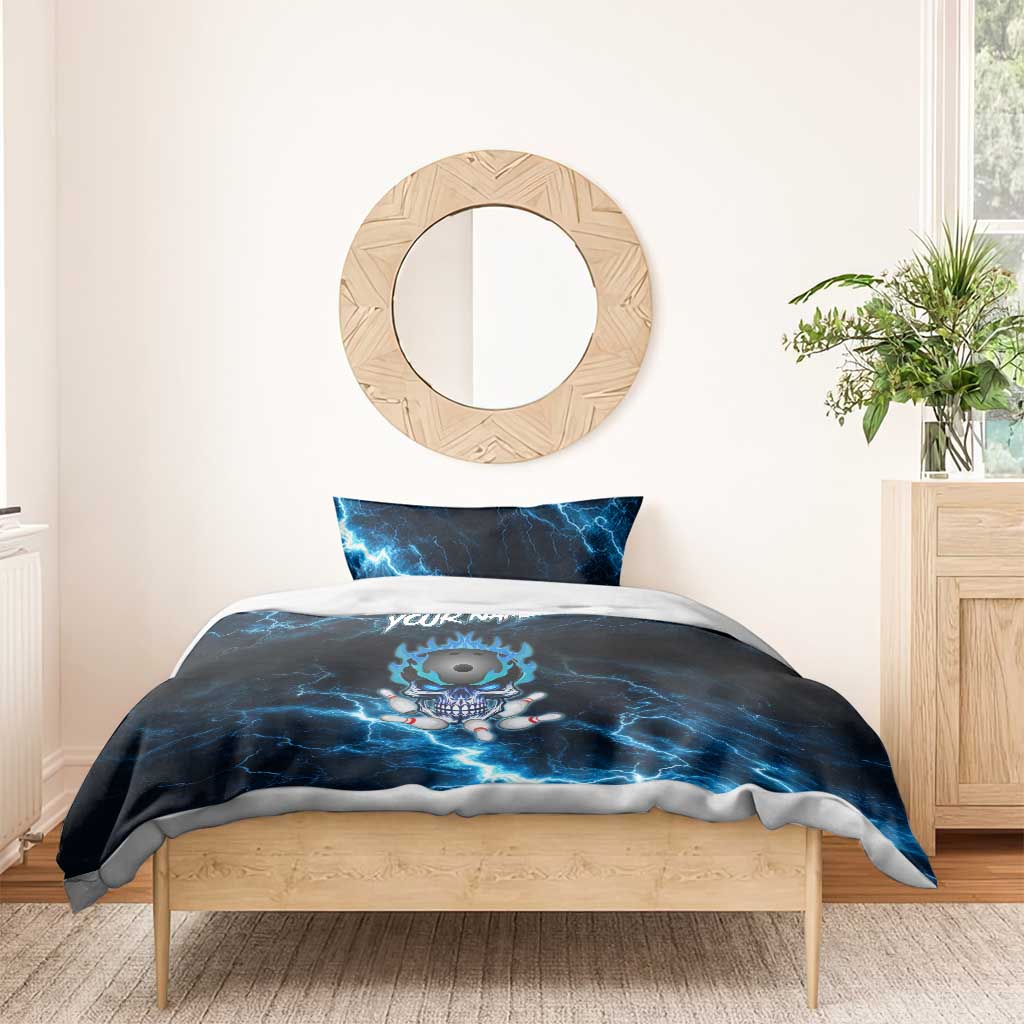 Personalized Bowling Skull Bedding Set with Blue Flame Energy and Electric Lightning Strike Pattern - Wonder Print Shop