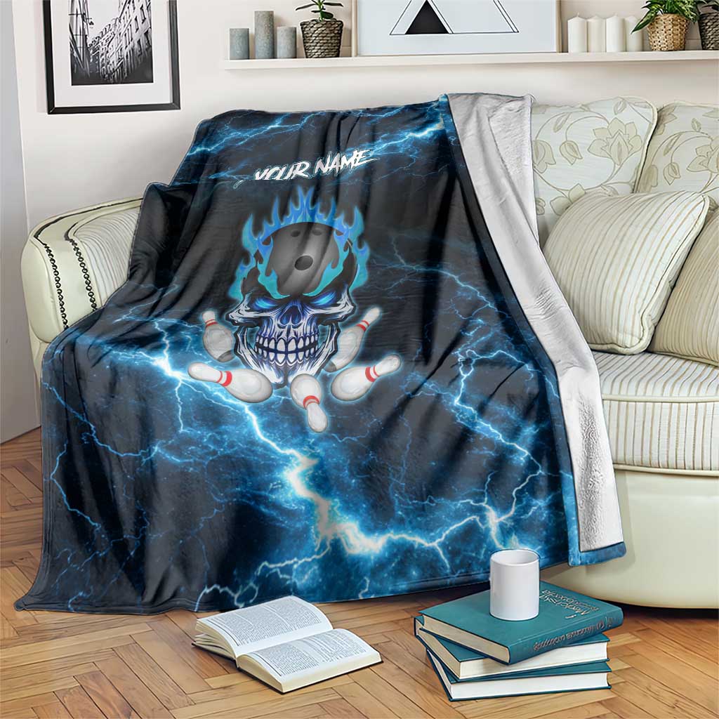 Personalized Bowling Skull Blanket with Blue Flame Energy and Electric Lightning Strike Pattern - Wonder Print Shop