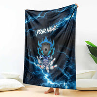 Personalized Bowling Skull Blanket with Blue Flame Energy and Electric Lightning Strike Pattern - Wonder Print Shop