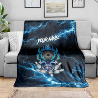Personalized Bowling Skull Blanket with Blue Flame Energy and Electric Lightning Strike Pattern - Wonder Print Shop