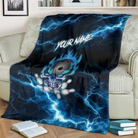 Personalized Bowling Skull Blanket with Blue Flame Energy and Electric Lightning Strike Pattern - Wonder Print Shop
