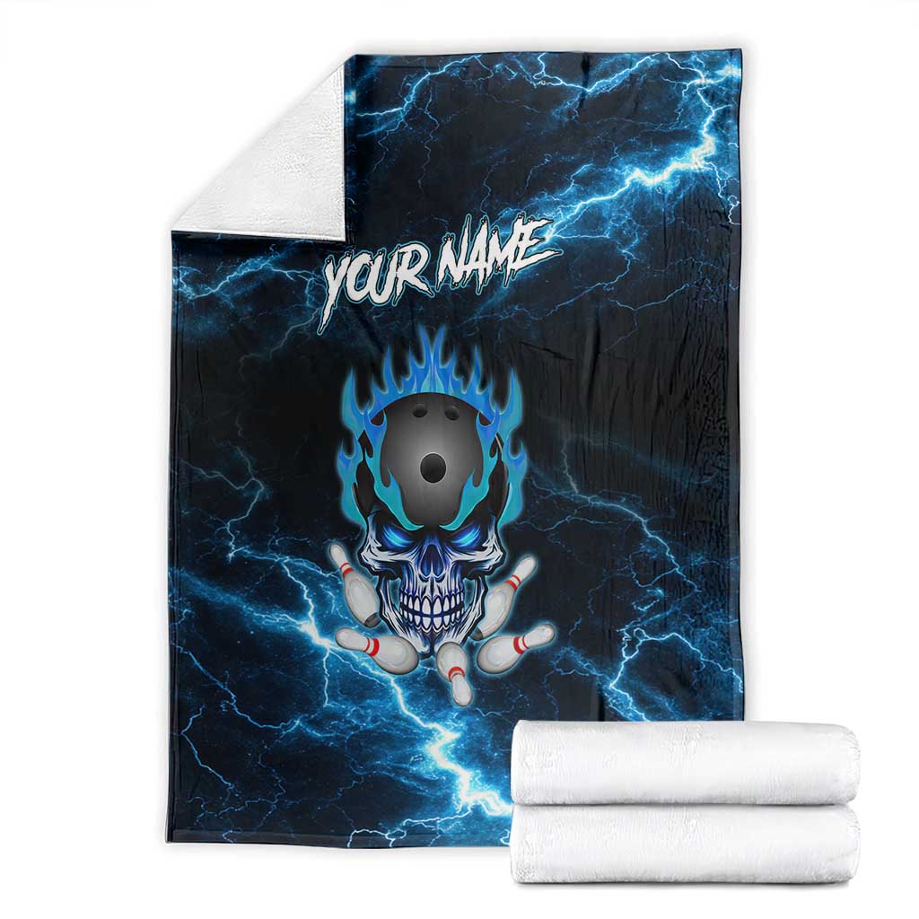 Personalized Bowling Skull Blanket with Blue Flame Energy and Electric Lightning Strike Pattern - Wonder Print Shop