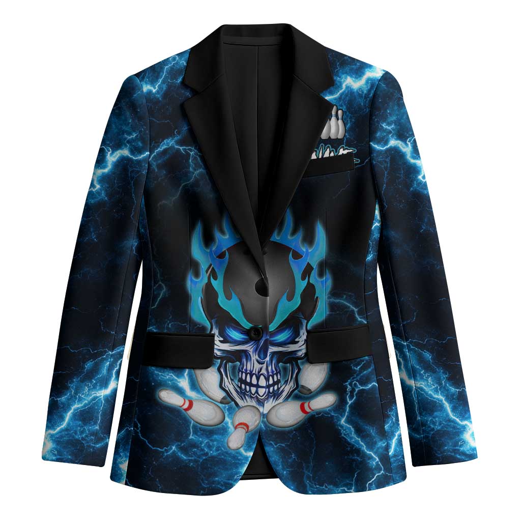 Personalized Bowling Skull Blazer with Blue Flame Energy and Electric Lightning Strike Pattern - Wonder Print Shop
