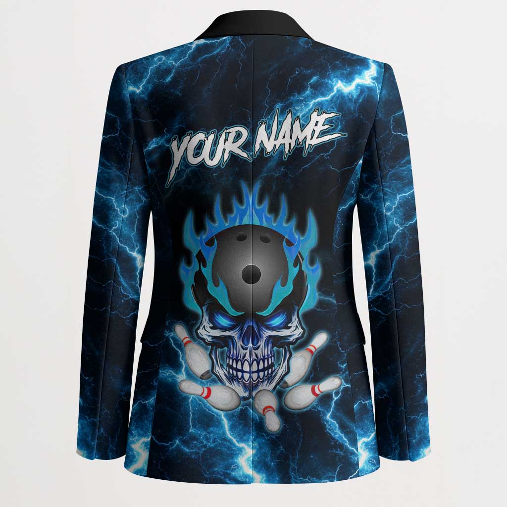 Personalized Bowling Skull Blazer with Blue Flame Energy and Electric Lightning Strike Pattern - Wonder Print Shop