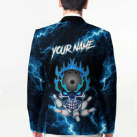 Personalized Bowling Skull Blazer with Blue Flame Energy and Electric Lightning Strike Pattern - Wonder Print Shop