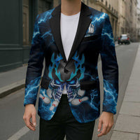 Personalized Bowling Skull Blazer with Blue Flame Energy and Electric Lightning Strike Pattern - Wonder Print Shop