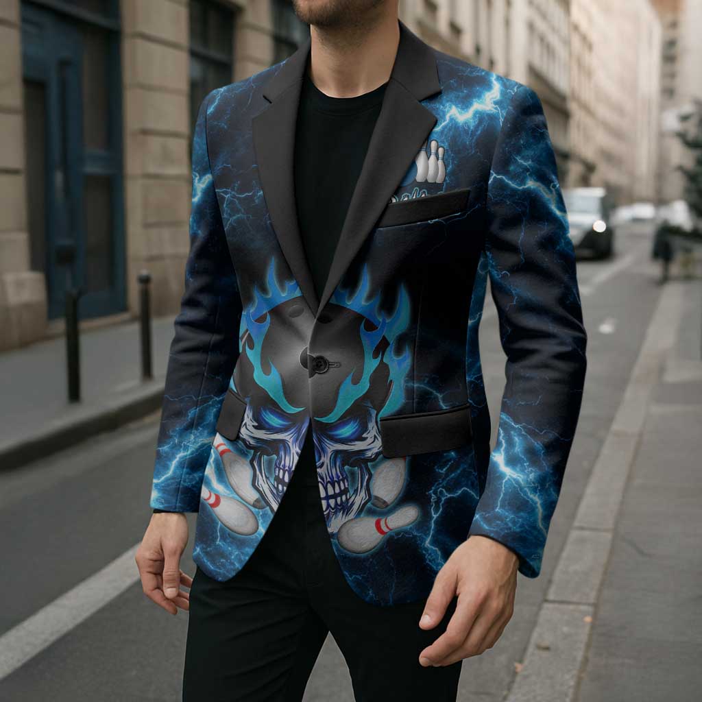 Personalized Bowling Skull Blazer with Blue Flame Energy and Electric Lightning Strike Pattern - Wonder Print Shop