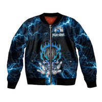Personalized Bowling Skull Bomber Jacket with Blue Flame Energy and Electric Lightning Strike Pattern - Wonder Print Shop