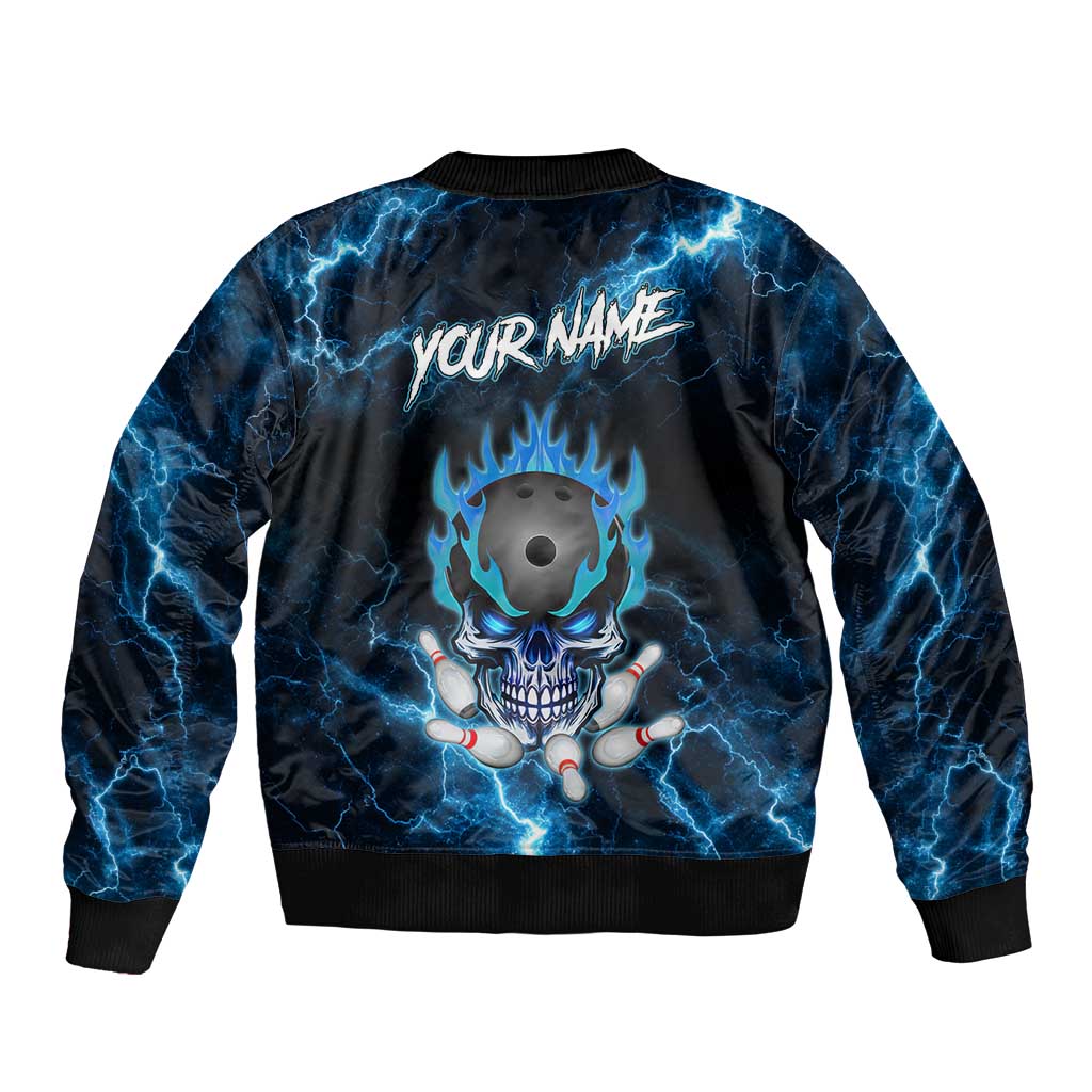 Personalized Bowling Skull Bomber Jacket with Blue Flame Energy and Electric Lightning Strike Pattern - Wonder Print Shop